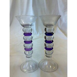 Vintage Glass Candle Holders With Purple Accents 7.5" Tall